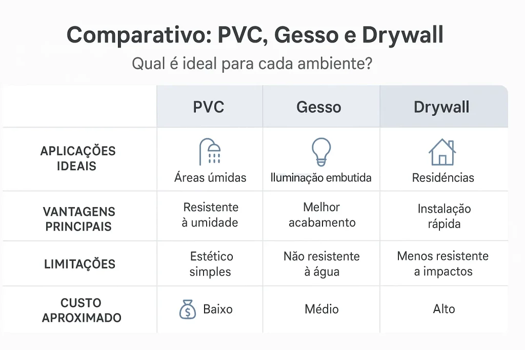 Tabela comparativa entre forro de PVC, gesso comum e drywall com vantagens e aplicações