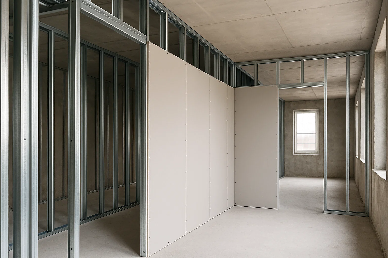 Instalação de drywall em obra com estrutura metálica e chapas de gesso acartonado visíveis