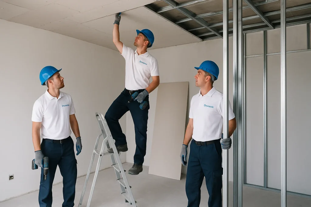 Equipe profissional instalando forro de drywall em obra limpa e organizada